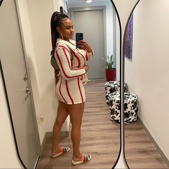 Knit Cardigan Red Two Piece Short Set - Picture 3 of 5